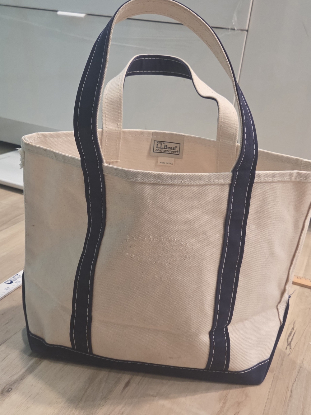 L.L. Bean Canvas Tote Bag in Cream with Navy Trim